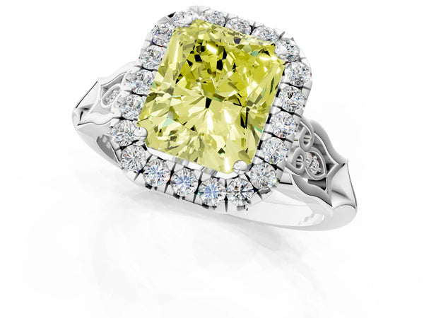 Platinum Fancy Yellow Radiant  Halo Diamond Engagement Ring with Filigree Band and Four-Prong Setting