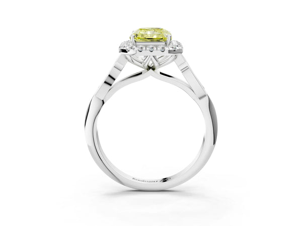 Platinum Fancy Yellow Radiant  Halo Diamond Engagement Ring with Filigree Band and Four-Prong Setting