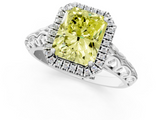 White gold Fancy Yellow Radiant  Halo Diamond Engagement Ring with Intricate Filigree Band and Four-Prong Setting_54