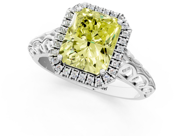 White gold Fancy Yellow Radiant  Halo Diamond Engagement Ring with Intricate Filigree Band and Four-Prong Setting