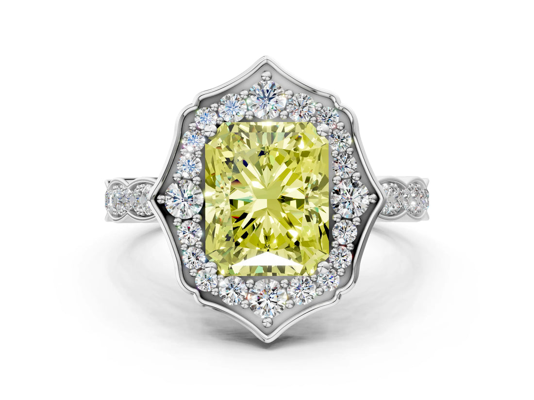 White gold Fancy Yellow Radiant  Halo Diamond Engagement Ring with Milgrain Band and Four-Prong Setting_66