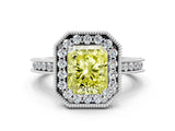White gold Fancy Yellow Radiant  Halo Diamond Engagement Ring with Milgrain Pave Band and Four-Prong Setting_51