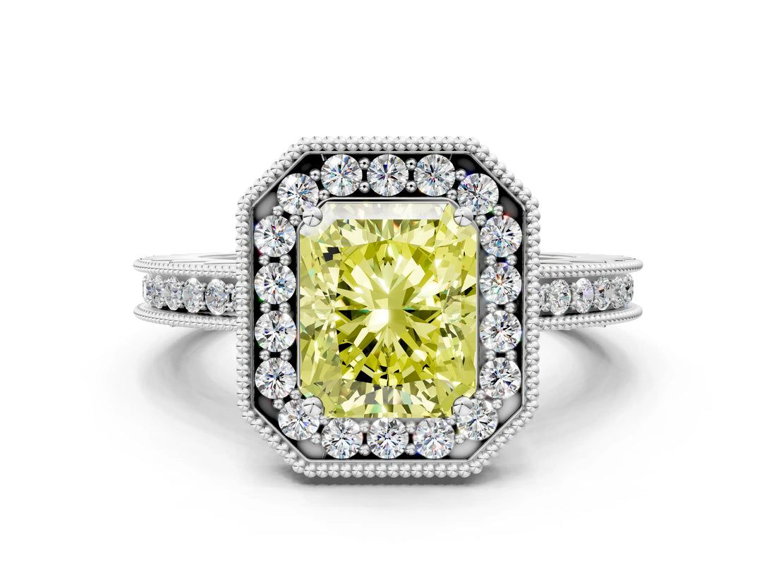 White gold Fancy Yellow Radiant  Halo Diamond Engagement Ring with Milgrain Pave Band and Four-Prong Setting_51