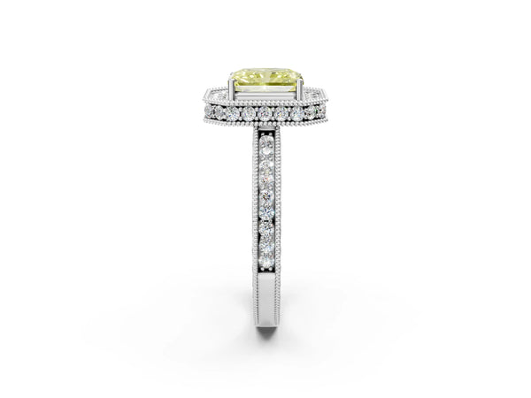 Platinum Fancy Yellow Radiant  Halo Diamond Engagement Ring with Milgrain Pave Band and Four-Prong Setting