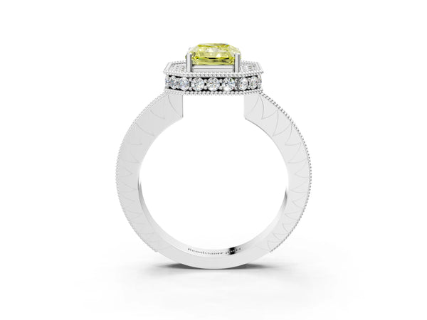 Platinum Fancy Yellow Radiant  Halo Diamond Engagement Ring with Milgrain Pave Band and Four-Prong Setting