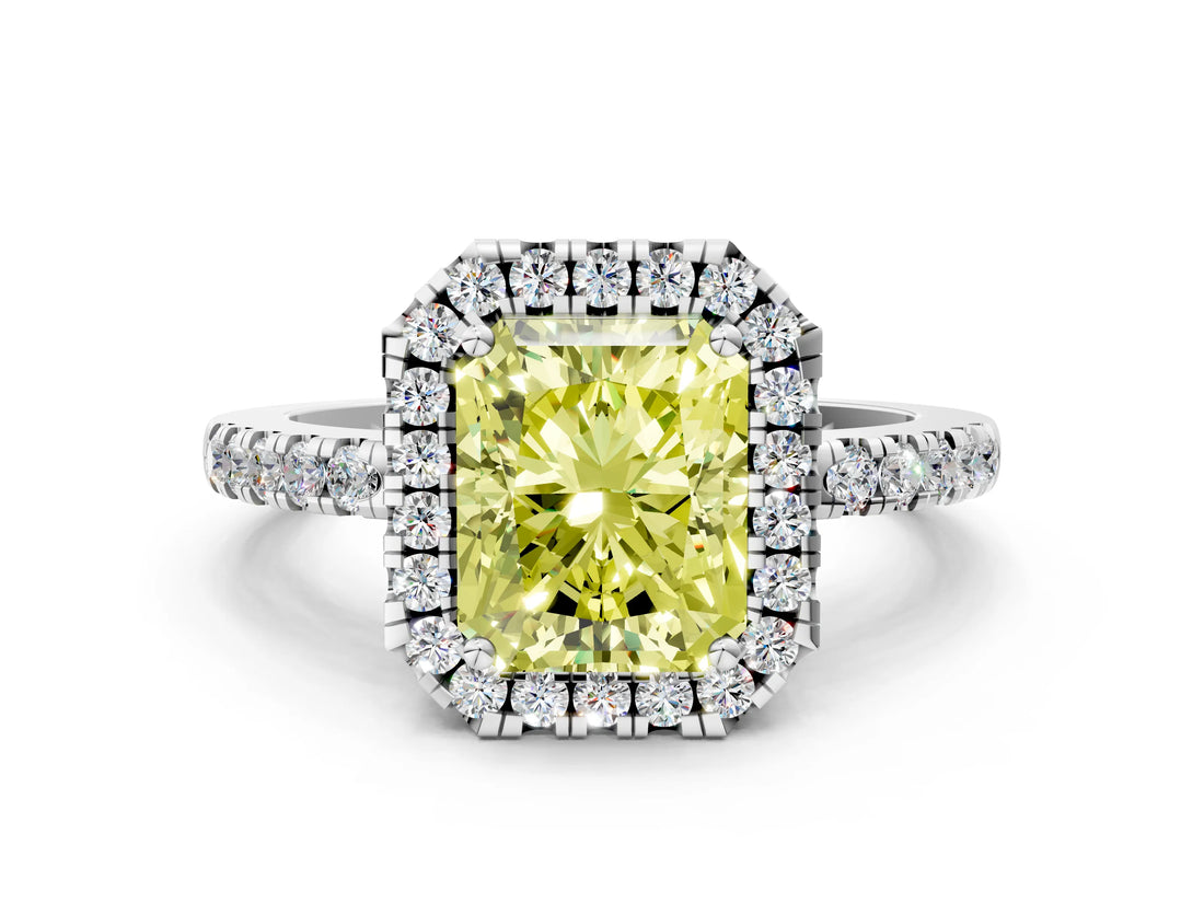 White gold Fancy Yellow Radiant  Halo Diamond Engagement Ring with Pavé Band and Four-Prong Setting_123