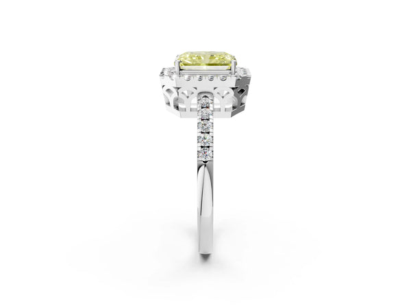 White gold Fancy Yellow Radiant  Halo Diamond Engagement Ring with Pavé Band and Four-Prong Setting