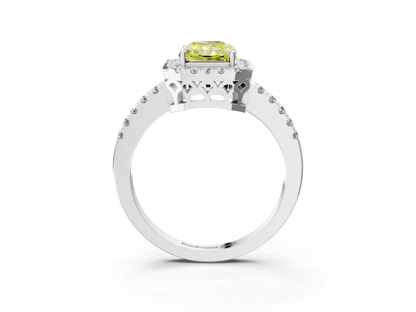White gold Fancy Yellow Radiant  Halo Diamond Engagement Ring with Pavé Band and Four-Prong Setting