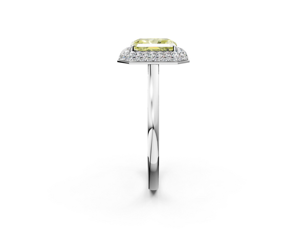White gold Fancy Yellow Radiant  Halo Diamond Engagement Ring with Solitaire Band and Four-Prong Setting