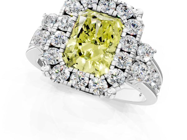 Platinum Fancy Yellow Radiant  Halo Diamond Engagement Ring with Split Shank and Four-Prong Setting