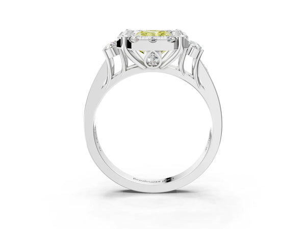 Platinum Fancy Yellow Radiant  Halo Diamond Engagement Ring with Split Shank and Four-Prong Setting