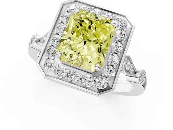 White gold Fancy Yellow Radiant  Halo Diamond Engagement Ring with Twisted Band and Four-Prong Setting