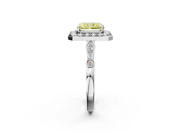 White gold Fancy Yellow Radiant  Halo Diamond Engagement Ring with Twisted Band and Four-Prong Setting