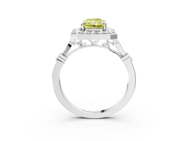 White gold Fancy Yellow Radiant  Halo Diamond Engagement Ring with Twisted Band and Four-Prong Setting