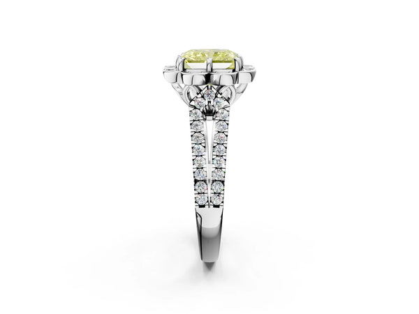 White gold Fancy Yellow Radiant  Halo Diamond Floral Split Shank Engagement Ring
