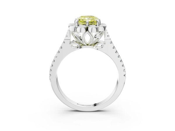 White gold Fancy Yellow Radiant  Halo Diamond Floral Split Shank Engagement Ring