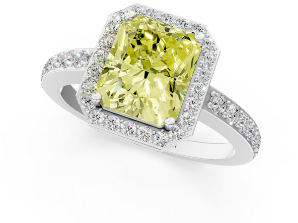 White gold Fancy Yellow Radiant  Halo Diamond Pavé Band Ring with Prong Setting