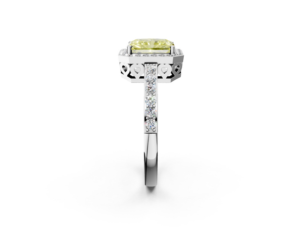 White gold Fancy Yellow Radiant  Halo Diamond Pavé Band Ring with Prong Setting
