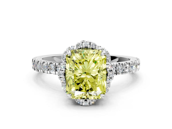 Platinum Fancy Yellow Radiant  Halo Diamond Pave Band Ring with Four-Prong Setting