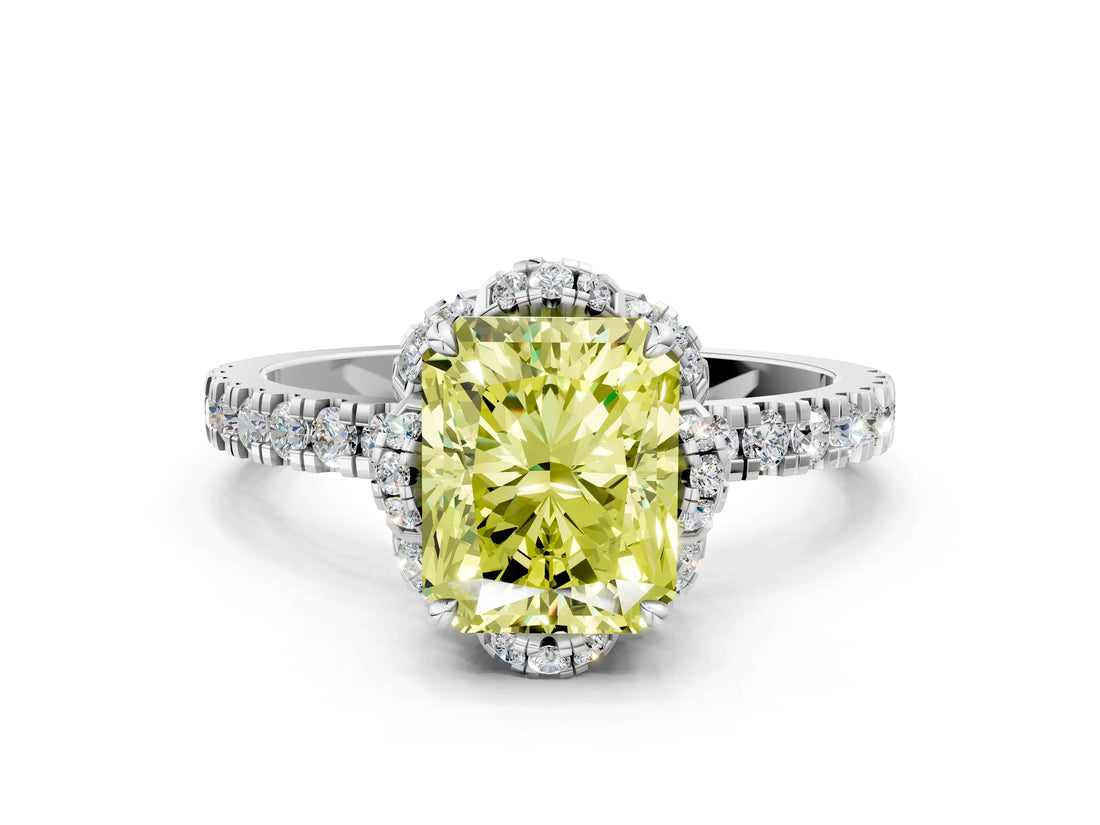 White gold Fancy Yellow Radiant  Halo Diamond Pave Band Ring with Four-Prong Setting_15