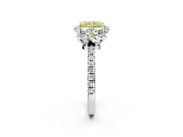 Platinum Fancy Yellow Radiant  Halo Diamond Pave Band Ring with Four-Prong Setting