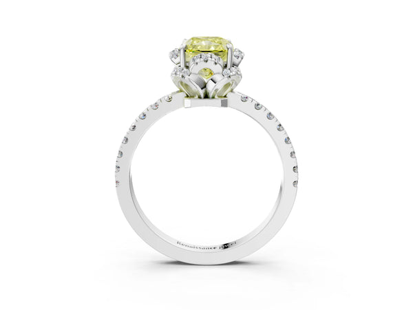 Platinum Fancy Yellow Radiant  Halo Diamond Pave Band Ring with Four-Prong Setting