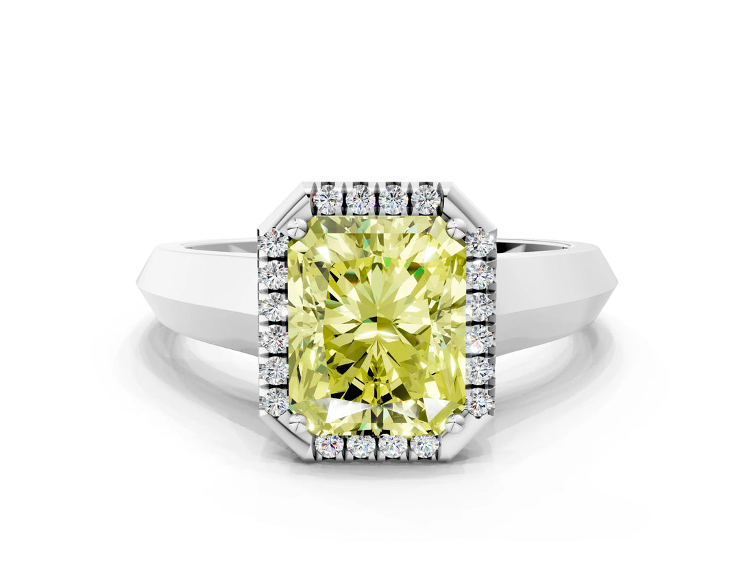 White gold Fancy Yellow Radiant  Halo Diamond Ring with Cathedral Band and Four-Prong Setting_67