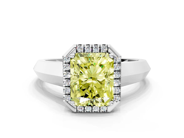 White gold Fancy Yellow Radiant  Halo Diamond Ring with Cathedral Band and Four-Prong Setting