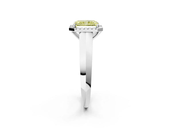 White gold Fancy Yellow Radiant  Halo Diamond Ring with Cathedral Band and Four-Prong Setting