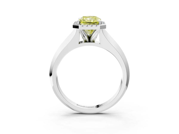 White gold Fancy Yellow Radiant  Halo Diamond Ring with Cathedral Band and Four-Prong Setting