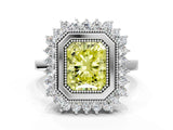 White gold Fancy Yellow Radiant  Halo Diamond Ring with Milgrain Edge and Round Prong Setting_37