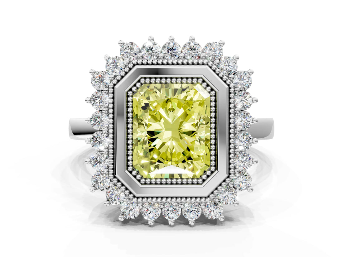 White gold Fancy Yellow Radiant  Halo Diamond Ring with Milgrain Edge and Round Prong Setting_38