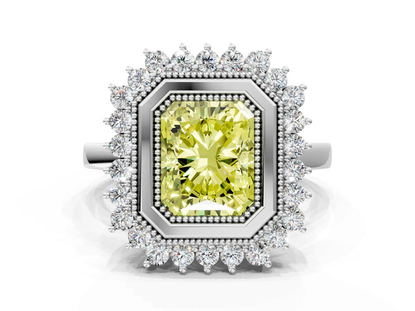 White gold Fancy Yellow Radiant  Halo Diamond Ring with Milgrain Edge and Round Prong Setting