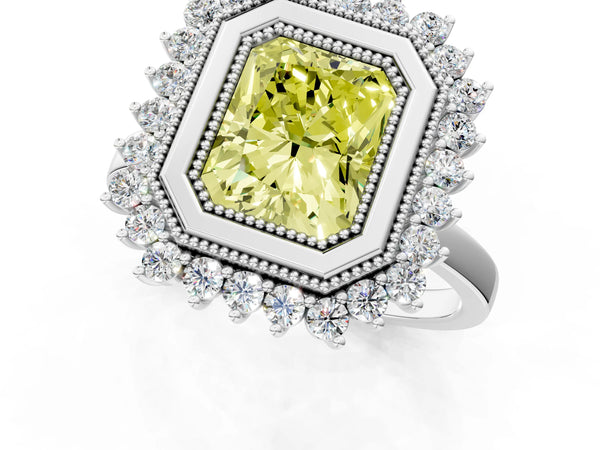 White gold Fancy Yellow Radiant  Halo Diamond Ring with Milgrain Edge and Round Prong Setting