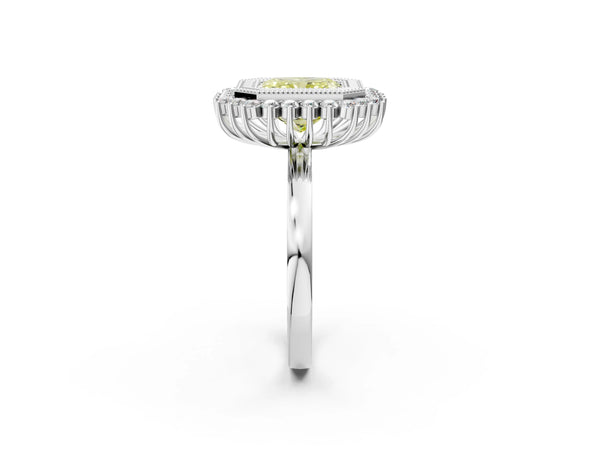 White gold Fancy Yellow Radiant  Halo Diamond Ring with Milgrain Edge and Round Prong Setting