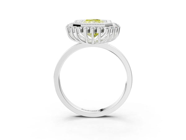 White gold Fancy Yellow Radiant  Halo Diamond Ring with Milgrain Edge and Round Prong Setting