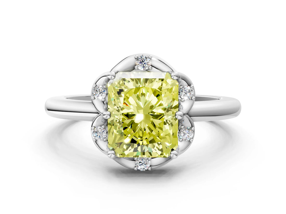 White gold Fancy Yellow Radiant  Halo Diamond Ring with Round Cluster Setting, Solitaire Band, and Four-Prong Setting_49