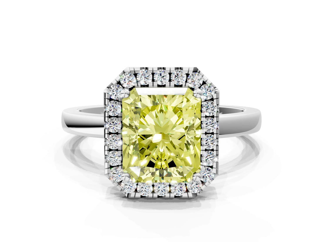 White gold Fancy Yellow Radiant  Halo Diamond Solitaire with Pavé Band and Four-Prong Setting_103