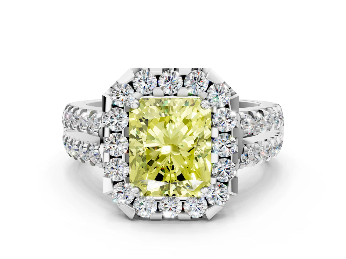 White gold Fancy Yellow Radiant  Halo Diamond Split Shank Engagement Ring with Prong Setting_45