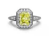 White gold Fancy Yellow Radiant  Halo Diamond Split Shank Ring with Milgrain Detail_67
