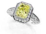 White gold Fancy Yellow Radiant  Halo Diamond Split Shank Ring with Milgrain Detail_68