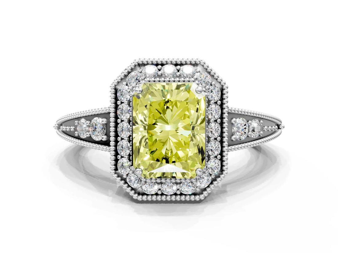 White gold Fancy Yellow Radiant  Halo Diamond Split Shank Ring with Milgrain Detail_73