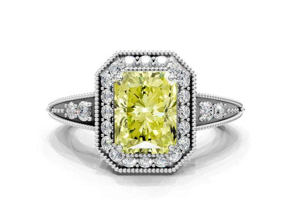 Platinum Fancy Yellow Radiant  Halo Diamond Split Shank Ring with Milgrain Detail