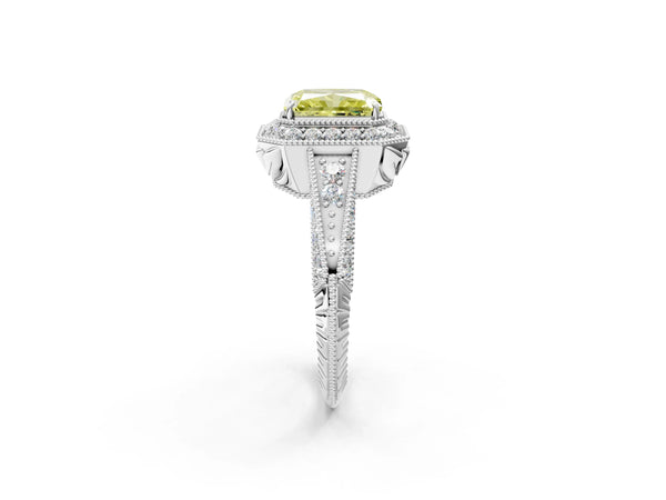 Platinum Fancy Yellow Radiant  Halo Diamond Split Shank Ring with Milgrain Detail