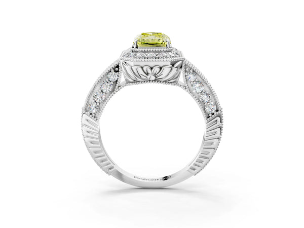 Platinum Fancy Yellow Radiant  Halo Diamond Split Shank Ring with Milgrain Detail