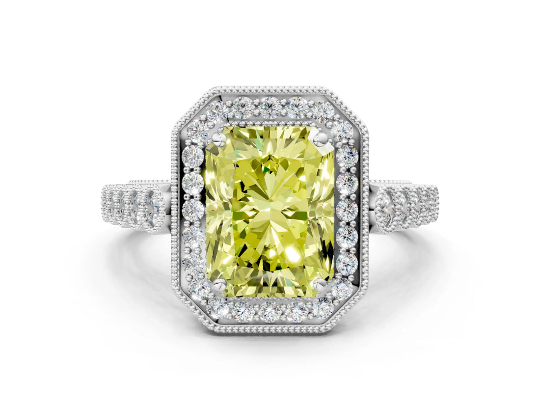 White gold Fancy Yellow Radiant  Halo Milgrain Solitaire with Bezel Set Side Stones and Pave Band_32