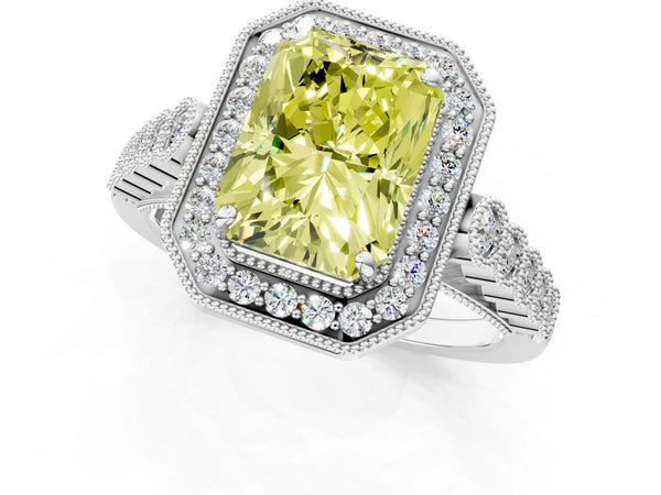 White Gold Radiant Cut Graduated Milgrain Halo Engagement Ring Setting for Fancy Yellow Center