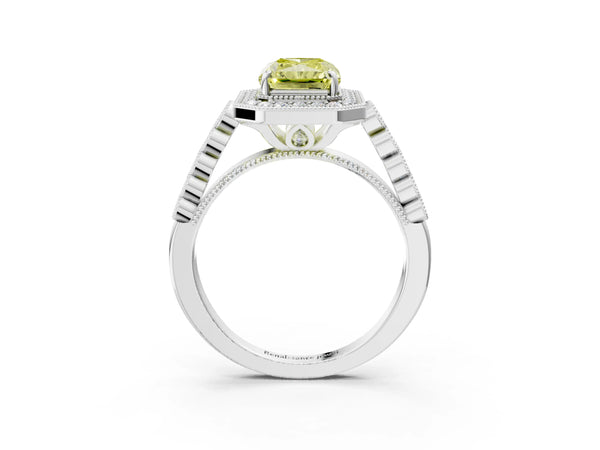 White Gold Radiant Cut Graduated Milgrain Halo Engagement Ring Setting for Fancy Yellow Center