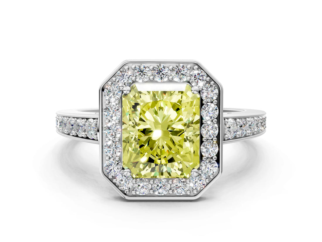 White gold Fancy Yellow Radiant  Halo Pavé Diamond Engagement Ring with Bezel Setting_50