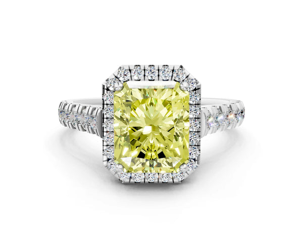 Platinum Fancy Yellow Radiant  Halo Pavé Diamond Engagement Ring with Four-Prong Setting